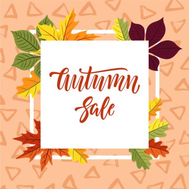 Sonbahar satış banner tasarımı ile yazı ve renkli üçgenler arka plan boyalı mürekkep üzerinde bırakır.