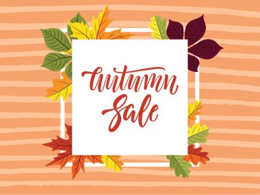 Sonbahar satış yatay banner tasarımı parlak yaprakları ve mürekkep ile arka plan satırlarında boyalı. 