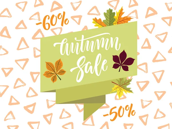 Bannière Automne Sale Avec Calligraphie Moderne Sur Ruban Triangles Peints — Image vectorielle