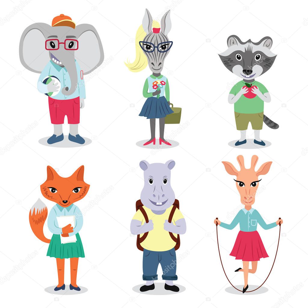 Cute animals set with characters going to school: elephant,racoon, fox, giraffe, zebra and hippo.