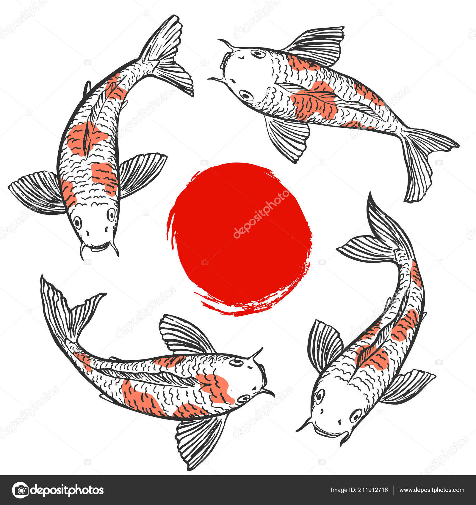 Peixes Koi Nadando Círculo Torno Tinta Vermelha Sol Pintado Vetor de  ©Julija_grozyan 211912716, image size:1600x1700