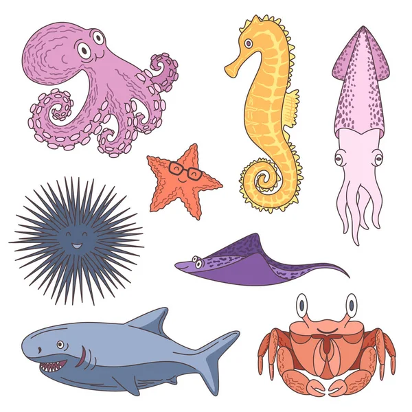 Conjunto Dibujos Animados Animales Del Océano Pulpo Mar Hipocampo Calamar — Vector de stock