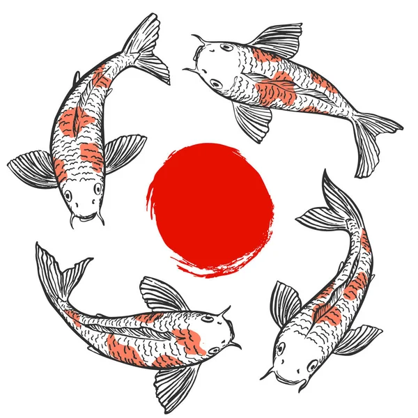 Koi Vissen Zwemmen Een Cirkel Rond Rode Inkt Geschilderd Zon — Stockvector