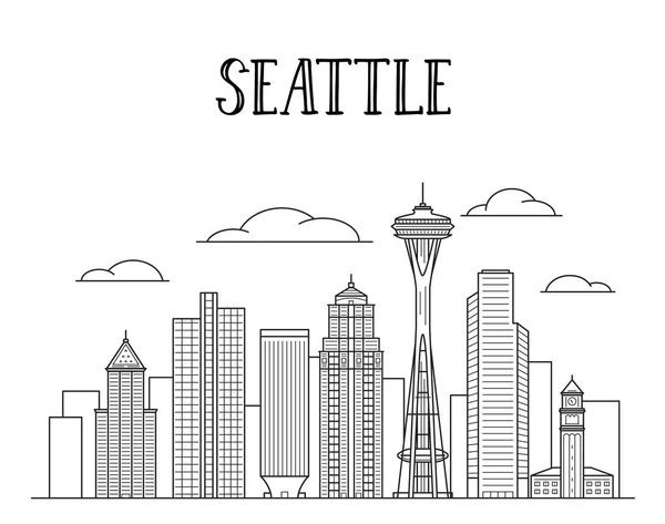 Seattle City Skyline Line Art Illustration — Stock Vector