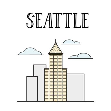 Seattle şehir Smith'in kule renkli çizgi sanat illüstrasyon inşaat.