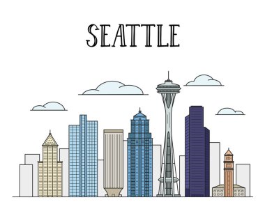 Hat sanatı illüstrasyon renkli Seattle şehir manzarası.