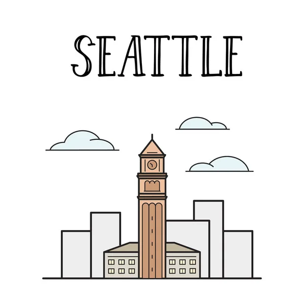 西雅图城景街站大厦有色线艺术插画 — 图库矢量图片