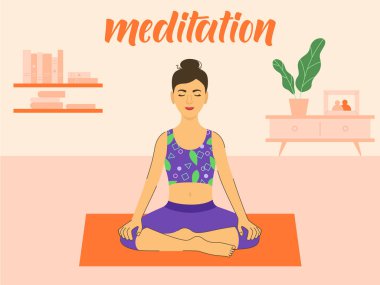 Tesisi bir pot, bir çekmece ve arka plan üzerine bir kitap raf ile meditasyon poz evde oturan kız. Poz 1 / 3.