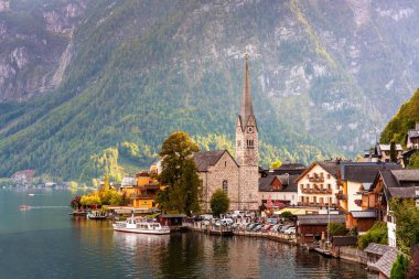 Onun evangelic kilise yakın çekim fotoğraf Hallstatt beldesi.