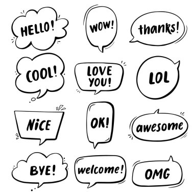 Çizgi roman tarzı konuşma balonları ve siyah/beyaz renklerde yazı ifadeler ile oluşturulmuş etiket. 