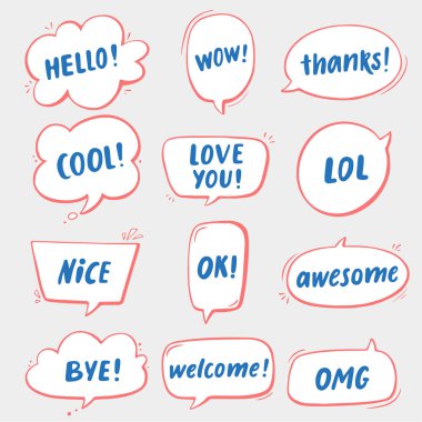 Çizgi roman tarzı konuşma balonları ve yazı ifadeler kırmızı/mavi renk ile oluşturulmuş etiket. 