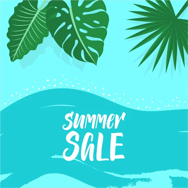 Bannière Summer Sale Avec Calligraphie Moderne Piscine Eau Feuilles Tropicales — Image vectorielle