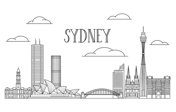 Sydney City Panoramic Line Art Illustration All Major Landmark Buildings — Stock Vector