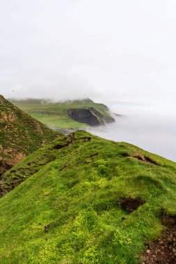 Mykines adasında fantastik sisli manzara, Faroe. 