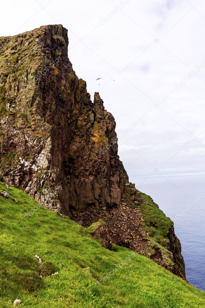 Cliffs above Atlantic Ocean and birds flying in sky. Mykines, Faroe Islands.