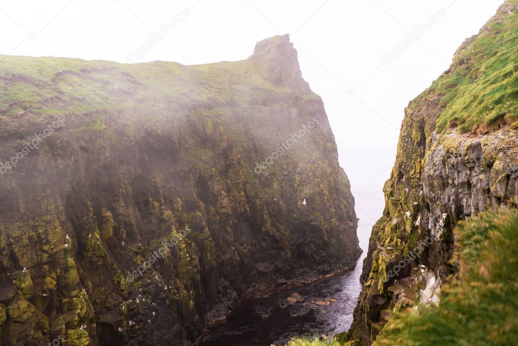 Foggy cliffs of Mykines island. Faroe Islands.