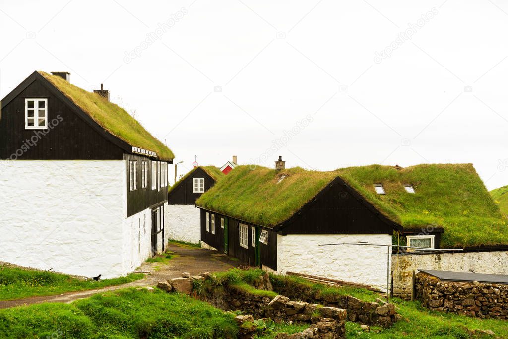 Typical Faroese grass roof houses on Mykines island, Faroe.