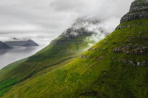 Jour Pluie Panorama Aérien Des Îles Féroé Avec Des Montagnes — Photo