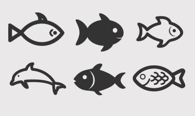 Logo Tasarımı, Sembol, Tasarım Elemanı gibi tasarım projeleri için basit balık simgeleri kümesi. Etc.