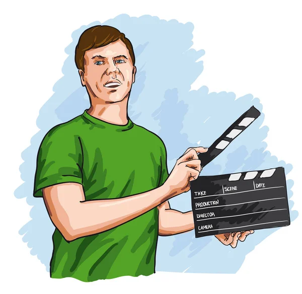 Homem Com Filme Clapper Vetor Sobre Fundo Branco — Vetor de Stock