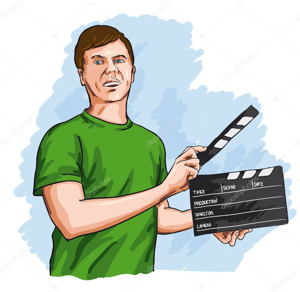 Man with movie Clapper, vector on a white background