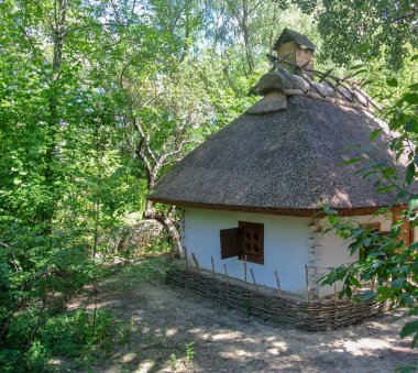 Ukrayna 'nın otantik evi. Eski otantik ahşap tipik bir ev. Geleneksel Ukrayna köyünün mimarisi