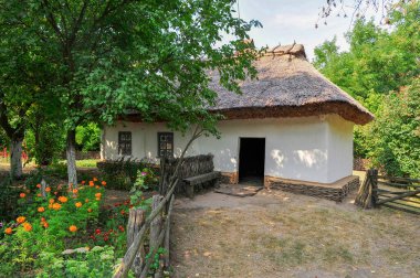 Ukrayna 'nın otantik evi. Eski otantik ahşap tipik bir ev. Geleneksel Ukrayna köyünün mimarisi