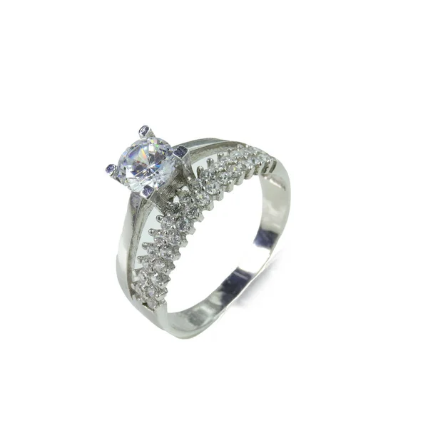 Diamante Anello Femminile Sfondo Bianco — Foto Stock