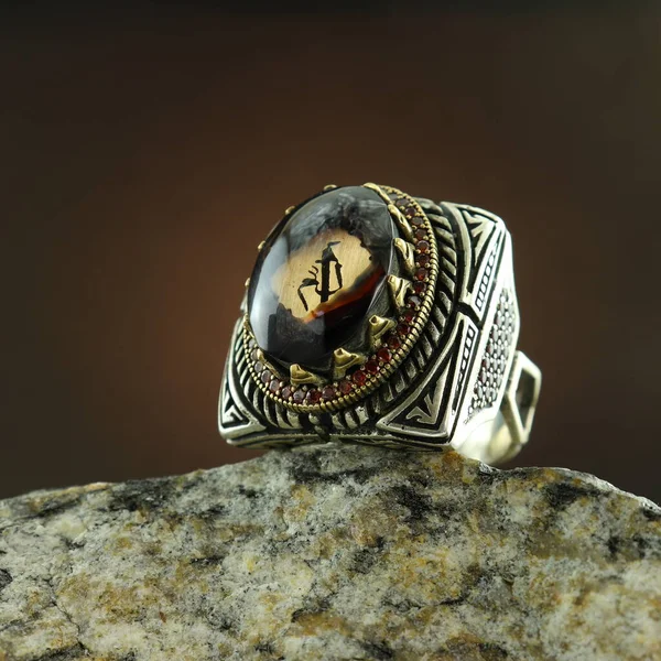 Patterned Silver Men Ring Black Background — Stock Photo, Image