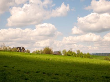 green meadow with blue sky view of tatra mountains from the top of the zakopane, Poland.