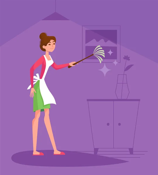 Hausfrau Putzt Haus Zeichentrickfigur Auf Dunkelviolettem Hintergrund Vektor Illustration Für — Stockvektor