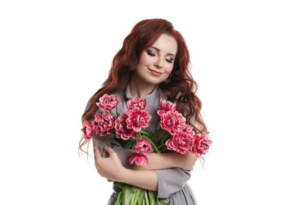 Pretty Woman Holding Bouquet Tulips Mother Day Concept Portrait Charming — Stock Photo, Image