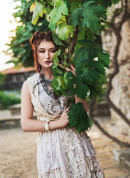 Fashion Girl Wearing Bohemian Clothing Posing Old City Street Boho — Stock Photo, Image