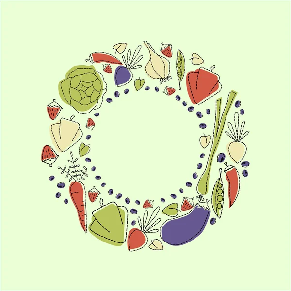 Composición redonda de verduras. Fondo gráfico lineal colorido . — Vector de stock