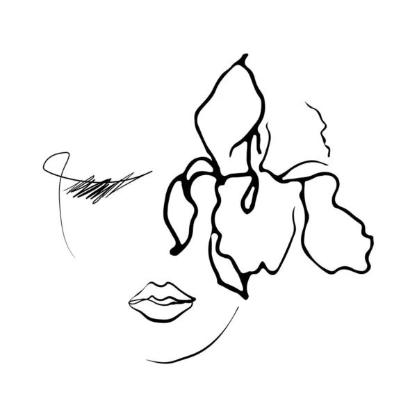 Línea de dibujo cara de mujer con flor de iris. — Archivo Imágenes Vectoriales