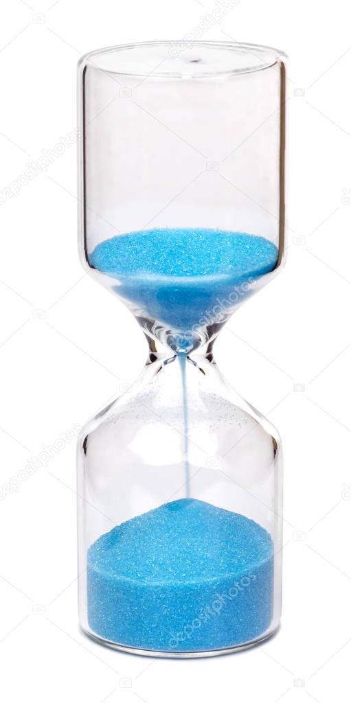 Hourglass of cylindrical shape with blue sand, isolated on white background.
