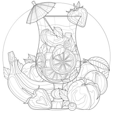 Meyveli kokteyl ve şemsiye. Portakal, limon, nane, şeftali, muz, çilek, böğürtlen. Çocuklar ve yetişkinler için boyama kitabı. Siyah beyaz çizim.