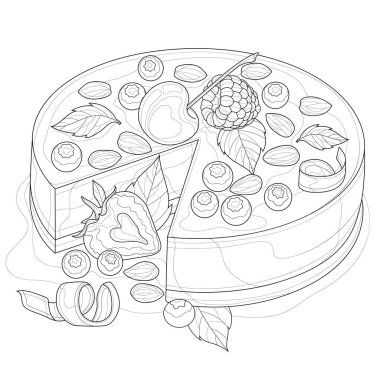 Kirazlı pasta, çilek, ahududu, badem, yaban mersini ve nane şekerli. Çocuklar ve yetişkinler için boyama kitabı antistresi. Zen karışıklığı tarzı. Siyah beyaz çizim.