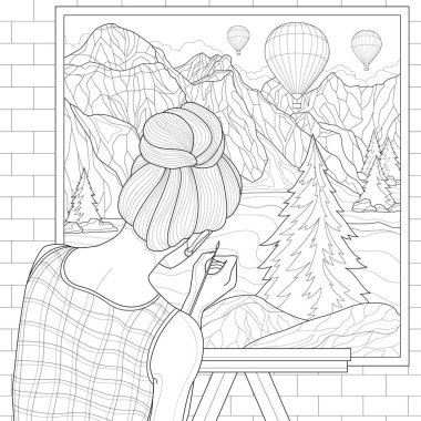 Kız sanatçı tuvale bir manzara çizer: dağlar, balonlar ve bir göl. Çocuklar ve yetişkinler için boyama kitabı antistresi. Resimler beyaz arkaplanda izole edildi. Özet biçimi.