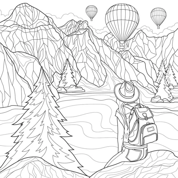   Güzel manzara. Bir kız bir taşın üzerine oturur ve dağlara, göle ve balonlara bakar. Çocuklar ve yetişkinler için boyama kitabı antistresi..