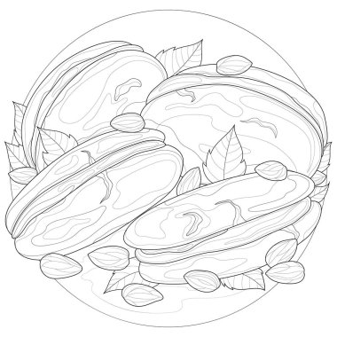 Badem ve nane kurabiyeleri. Tatlılar. Çocuklar ve yetişkinler için boyama kitabı. Resimler beyaz arkaplanda izole edildi. Zen-tangle tarzı.