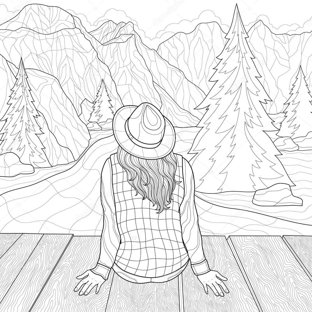 The girl sits on the bridge and looks at the mountains. Landscape.Coloring book antistress for children and adults. Zen-tangle style.Black and white drawing