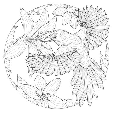 Çiçeklerin etrafındaki kuş. Çocuklar ve yetişkinler için boyama kitabı antistresi. Zen karışıklığı tarzı. Siyah beyaz çizim.