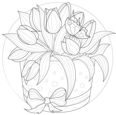 Yay ve kelebekli bir buket güzel lale. Çocuklar ve yetişkinler için anti-stresi boyamak. Resimler beyaz arkaplanda izole edildi. Zen karışıklığı tarzı. Siyah beyaz çizim. Tişört amblemi.