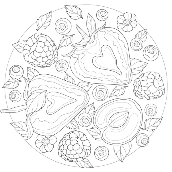 Berries Strawberberries Raspberries Blueberries Apricots Mint Tasty Sweets Coloring Book — 스톡 벡터