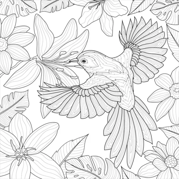 Çiçeklerin Etrafındaki Kuş Çocuklar Yetişkinler Için Stresi Boyamak Zen Karışıklığı — Stok Vektör