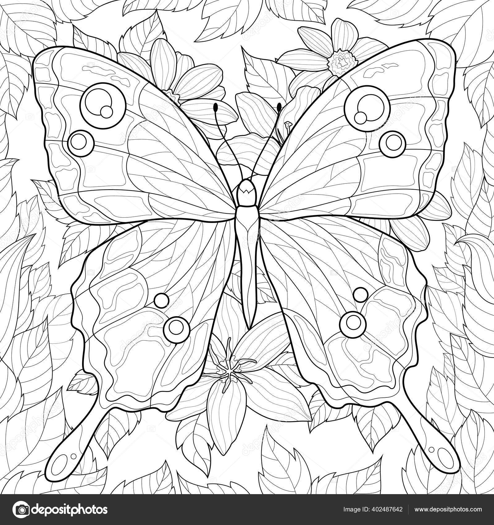 Desenho de desenho vetorial para colorir flor e asas para adulto e