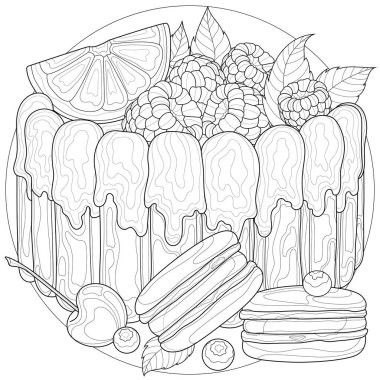 Ahududu, portakal, kiraz, yabanmersini ve bademli kek. Şekerler. Çocuklar ve yetişkinler için anti-stresi boyamak. Resimler beyaz arkaplanda izole edildi. Zen karışıklığı biçimi.