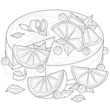 Portakallı kek, yabanmersini, nane ve çikolata. Lezzetli tatlılar. Çocuklar ve yetişkinler için boyama kitabı antistresi. Zen karışıklığı tarzı. Siyah beyaz çizim