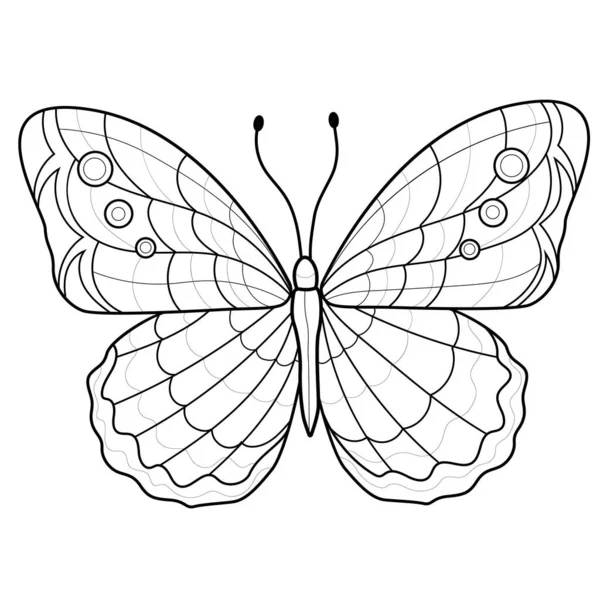 美しい蝶 子供や大人のための着色本の抗ストレス 白を基調としたイラスト 禅の三角形のスタイル 白黒のドローイング — ストックベクタ